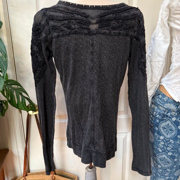 Free People Black Embroidered Lace Jacquard Love Sleeve Top M - Picture 7 of 8